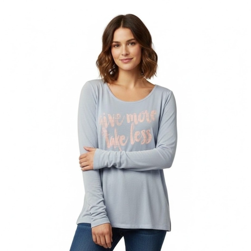 Gaiam Top Size S Blue Give More Take Less Long Sleeve Scoop Neck Ruched Graphic